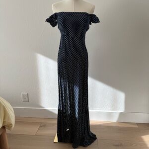 Lulu's Navy and White Polka Dot Off-Shoulder Maxi Dress